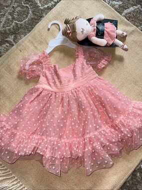 NWT CYNTHIA ROWLEY Pink Polka Dot Tulle Baby Dress WITH TOY 18m